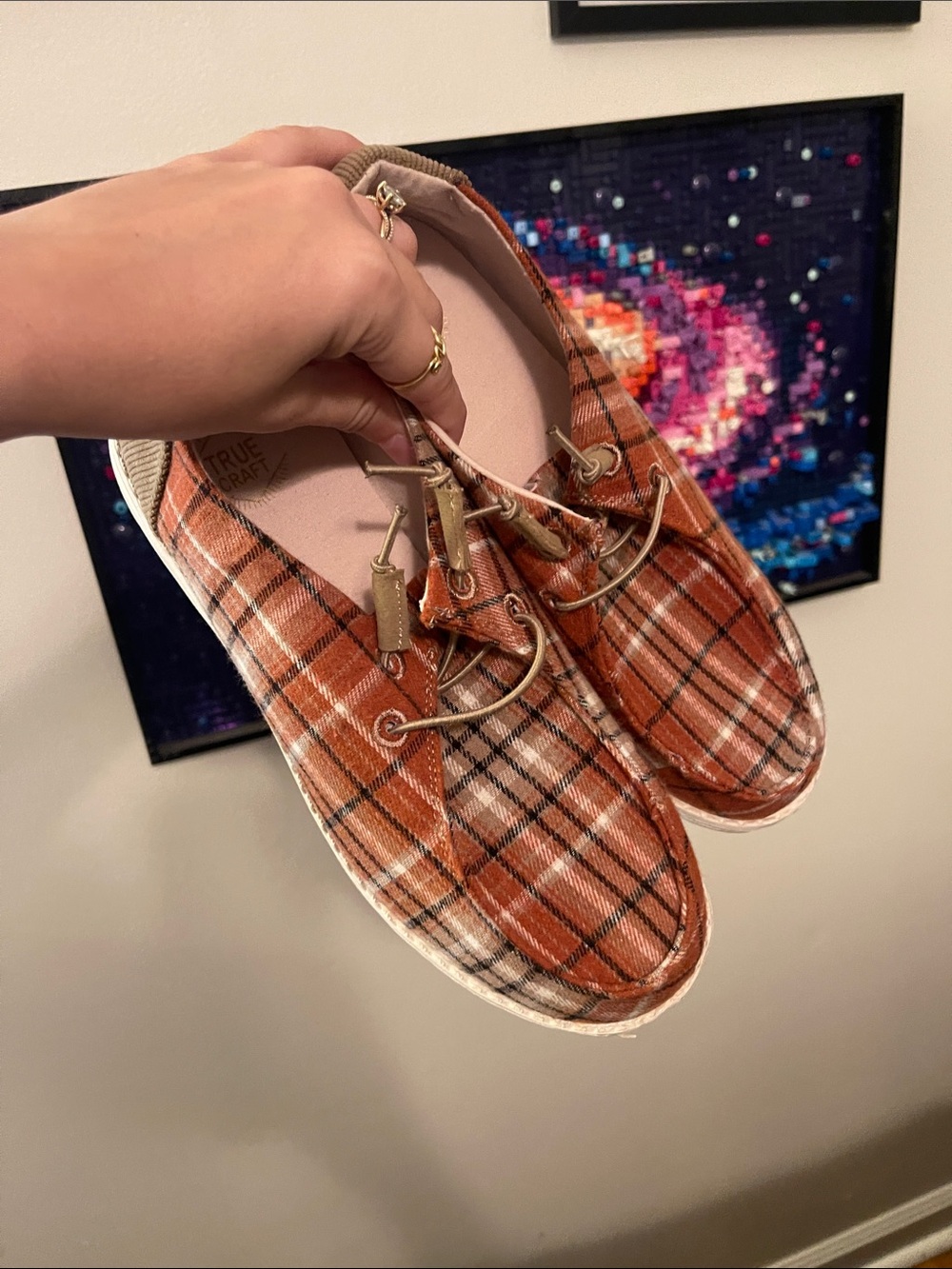 True Craft Women's Plaid Slip-On Moccasins in Rust Orange